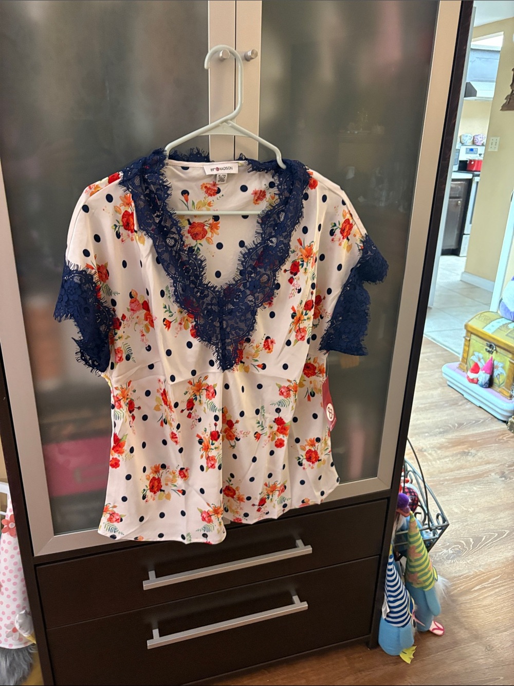 89th & Madison Floral Polka Dot Blouse with Navy Lace Trim